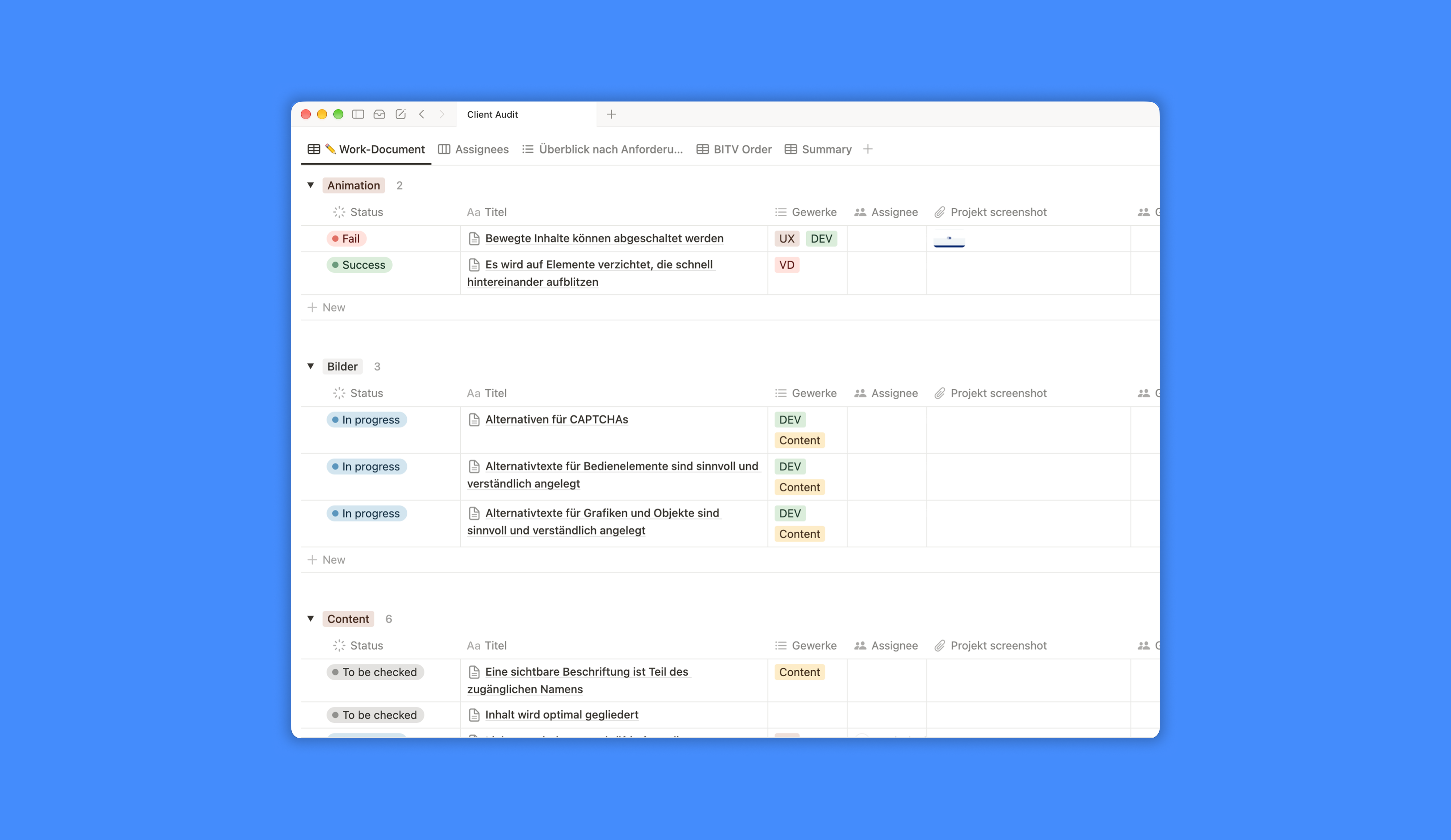 Screenshot of the accessibility toolbox with a checklist and a table of contents