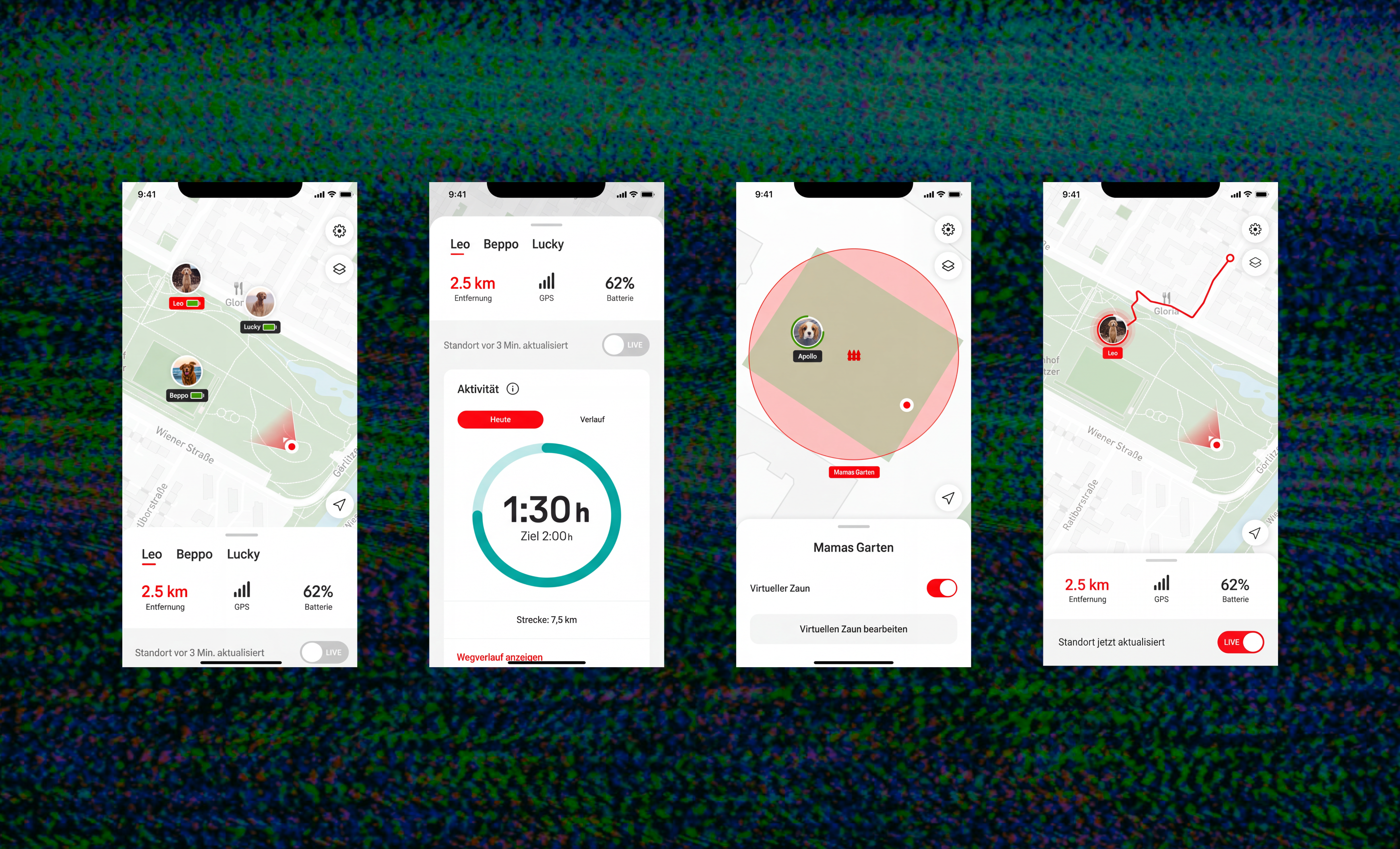 Tracker app designs showing the route history feature, a dog profile and a geofence alarm